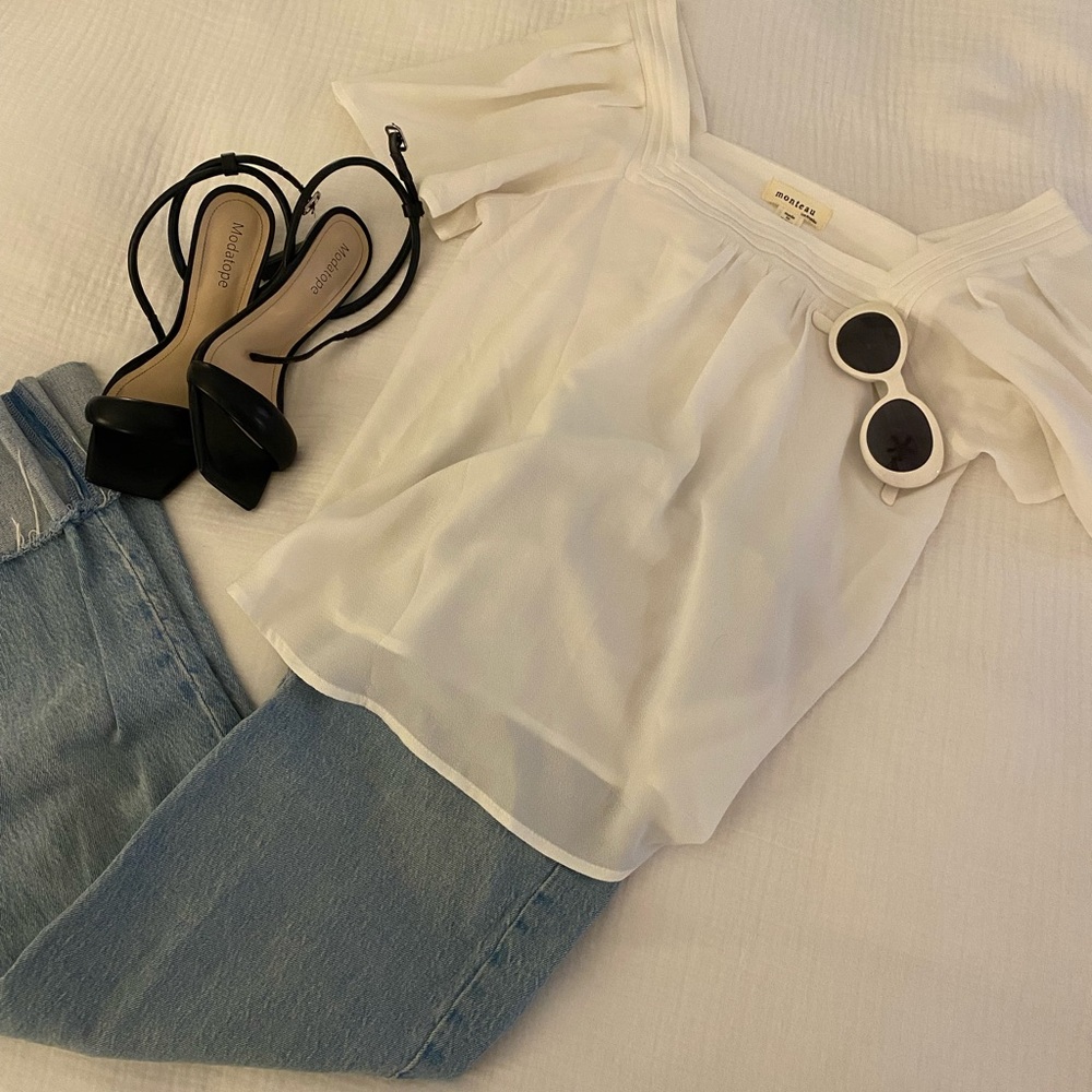White Flowy Blouse with Wide Square Neck